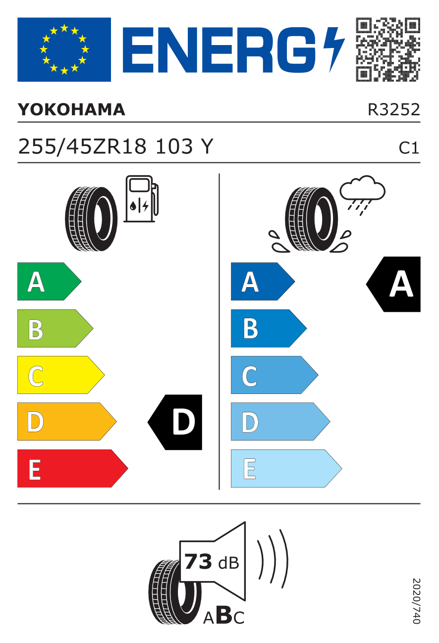 255/45R18 103Y, Yokohama, ADVAN SPORT V105,TL XL ZR RPB D,A,B,73 -dB