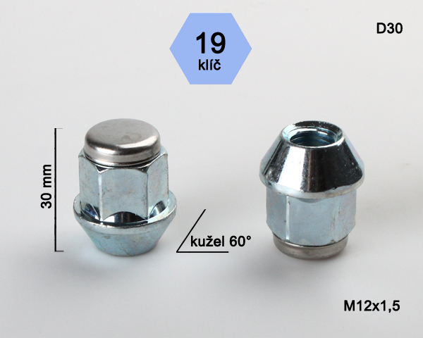 Kolová matice M12x1,5 kužel nerez víčko, klíč 19 (D30) výška 30mm