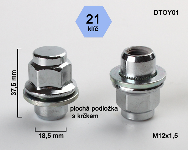 Kolová matice M12x1,5 s plochou podložkou zavřená, klíč 21 (DTOY01) chrom, výška 37,5mm