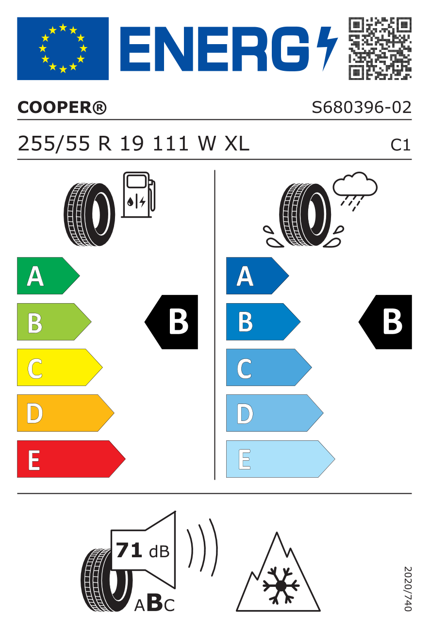 255/55R19 111W, Cooper Tires, DISCOVERER ALL SEASON,TL XL M+S 3PMSF C,B,B,71 -dB