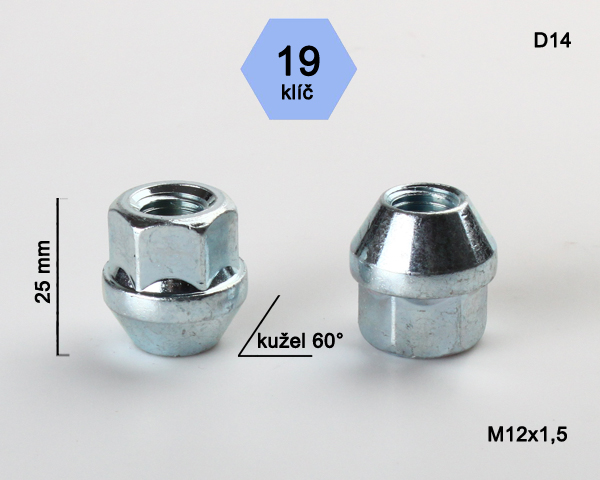 Kolová matice M12x1,5 kužel otevřená, klíč 19 (D14) výška 25mm