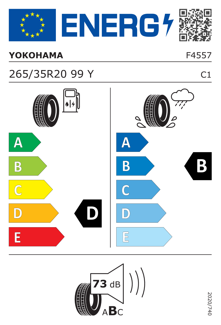 265/35R20 99Y, Yokohama, ADVAN SPORT V103S,TL XL RPB,Audi D,B,B,73 -dB