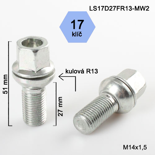 Kolový šroub M14x1,5x27 kulová R13 pohyblivá, klíč 17 (LS17D27FR13-MW2) výška 51mm