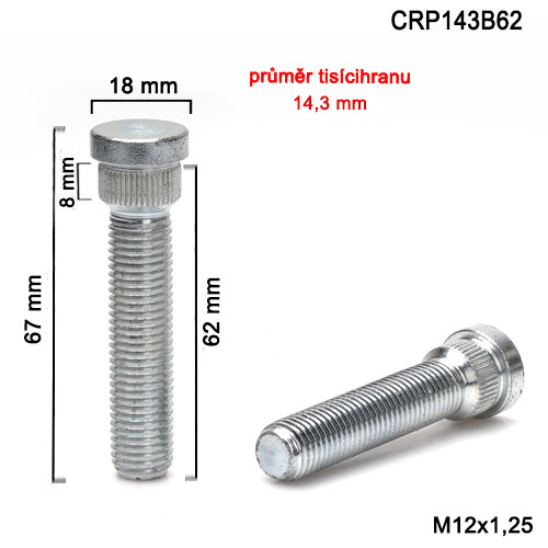 Kolový svorník M12x1,25x62 tisícihran průměr 14,3mm (CRP143B62) celková délka 67mm