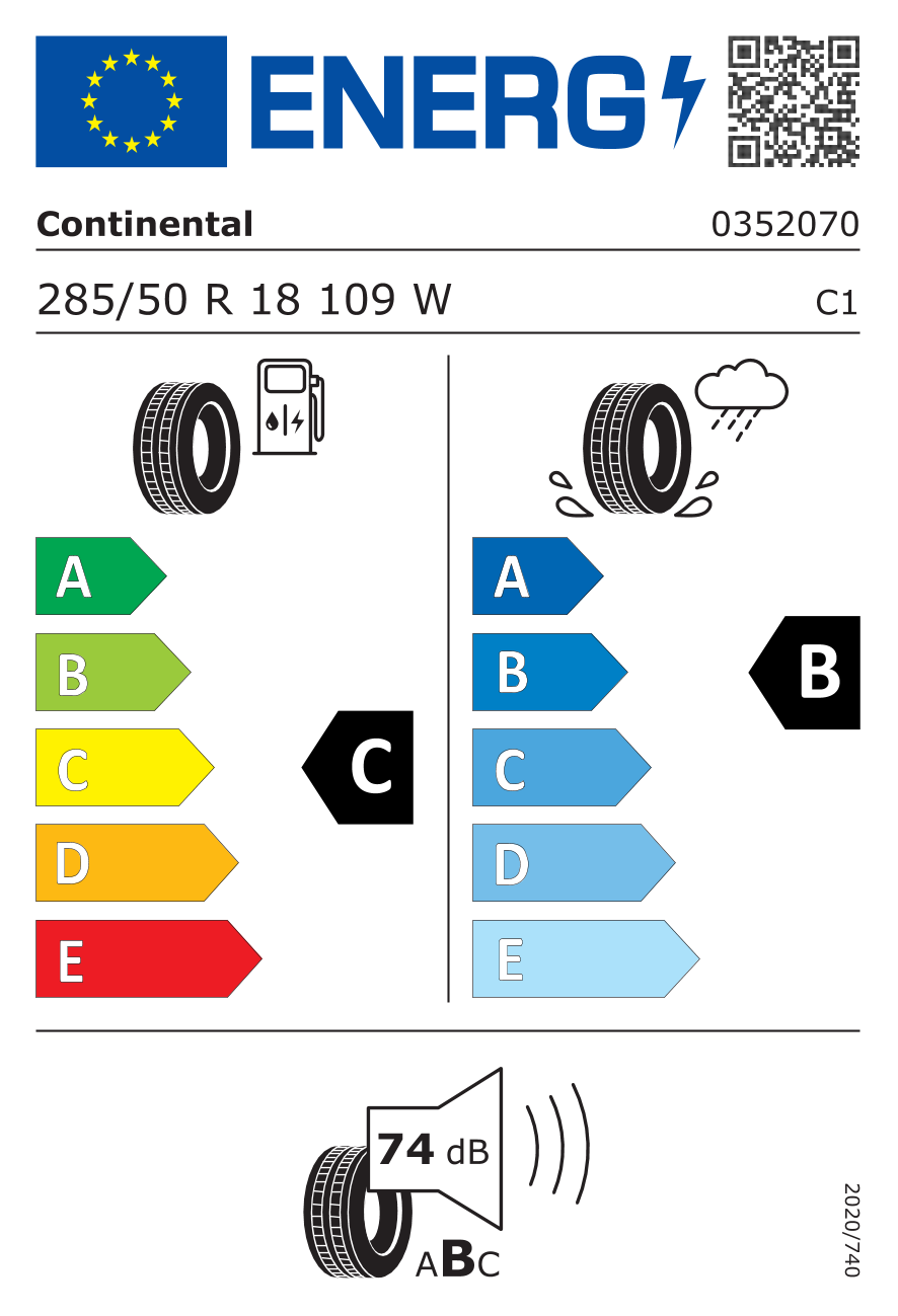 285/50R18 109W, Continental, CONTI CROSS CONTACT UHP,TL FR C,B,B,74 -dB