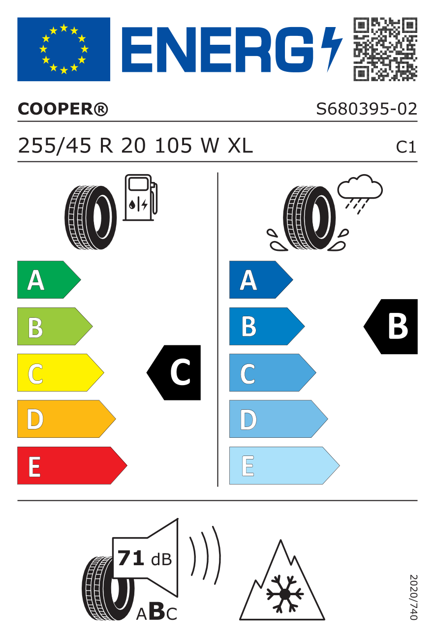 255/45R20 105W, Cooper Tires, DISCOVERER ALL SEASON,TL XL M+S 3PMSF C,B,B,71 -dB
