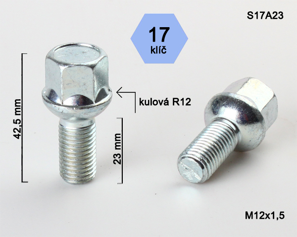 Kolový šroub M12x1,5x23 kulová R12, klíč 17 (S17A23R12); výška 42,5mm