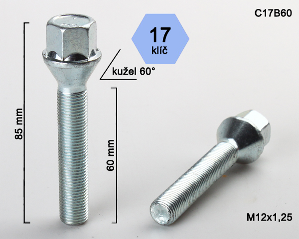 Kolový šroub M12x1,25x60 kužel, klíč 17 (C17B60) výška 85mm