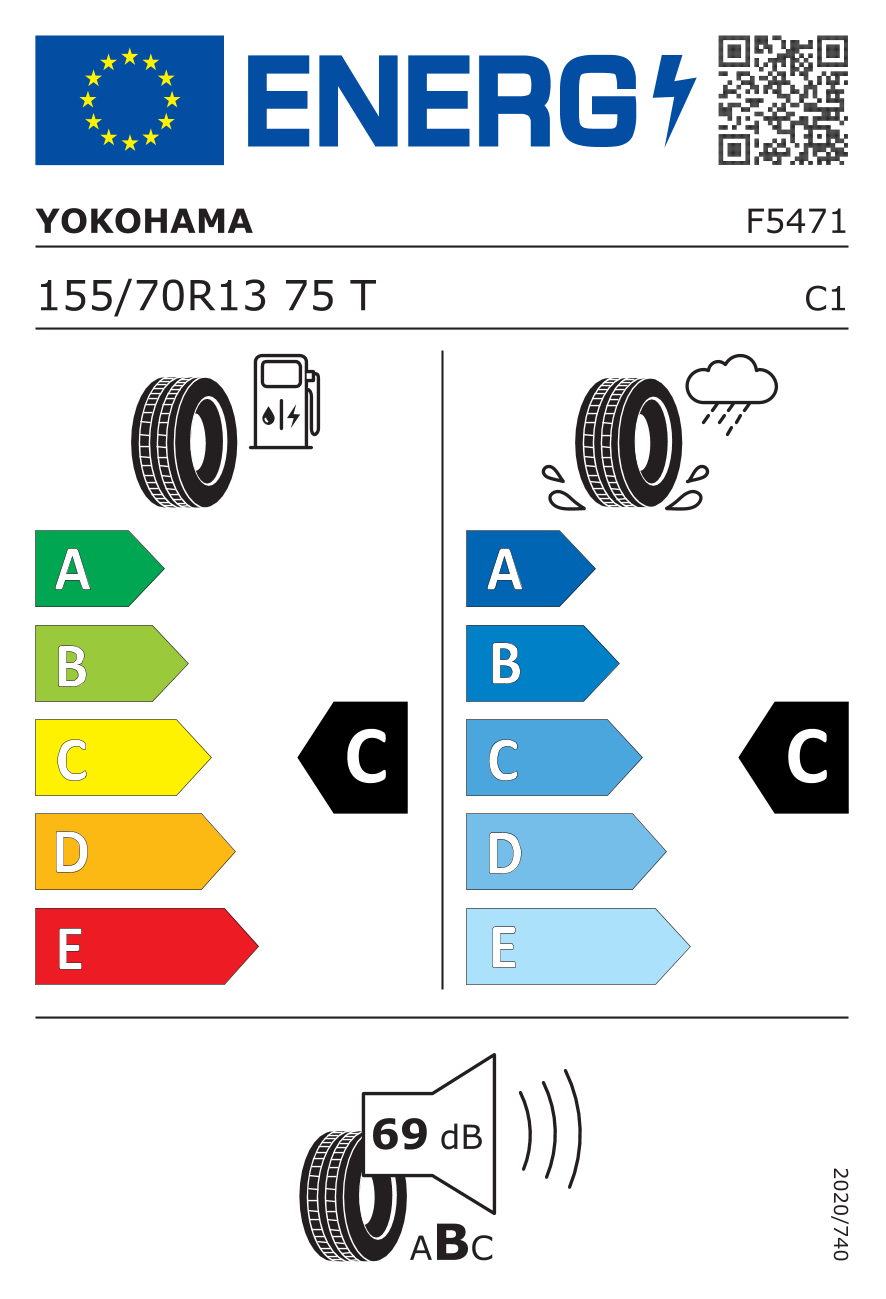 155/70R13 75T, Yokohama, BLUEARTH-A AE-01,TL C,C,B,69 -dB