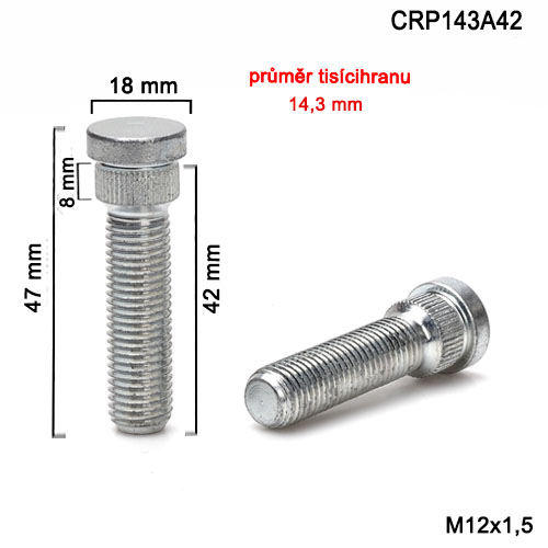 Kolový svorník M12x1,5x42 tisícihran průměr 14,3mm (CRP143A42) celková délka 47mm