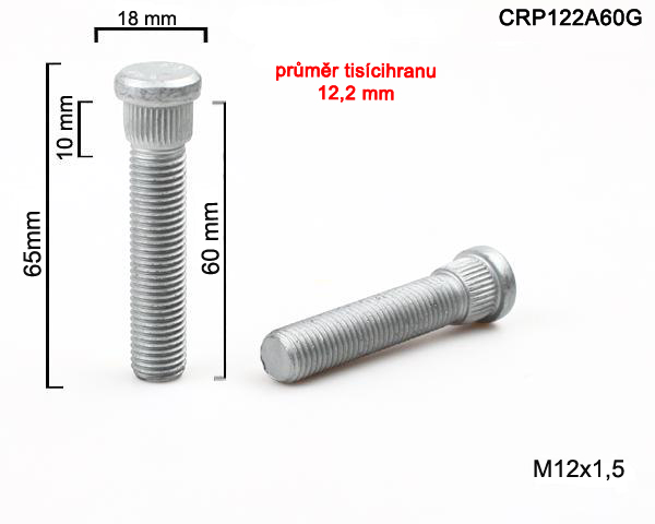 Kolový svorník M12x1,5x60 tisícihran průměr 12,2mm (CRP122A60G) celková délka 65mm
