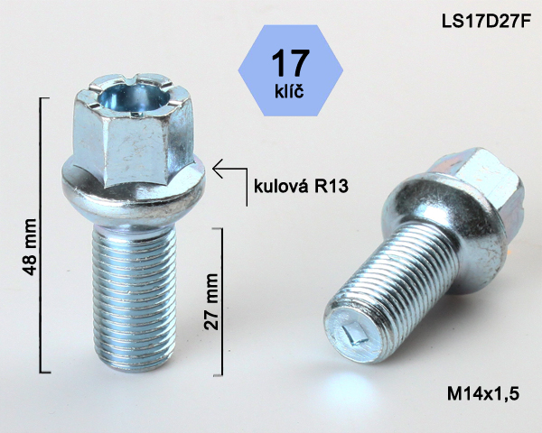 Kolový šroub M14x1,5x27 kulová R13, klíč 17 (LS17D27FR13) výška 48mm