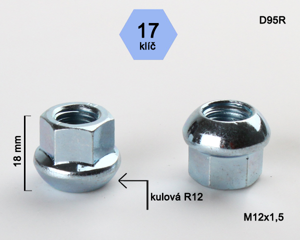 Kolová matice M12x1,5 kulová R12 otevřená, klíč 17 (D95R12) výška 18mm