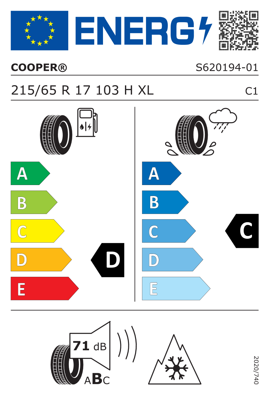 215/65R17 103H, Cooper Tires, DISCOVERER WINTER,TL XL M+S 3PMSF C,C,B,72 -dB